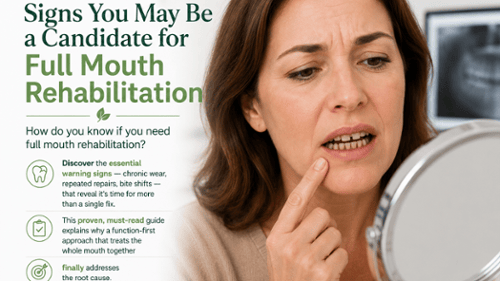  examining her teeth in a mirror, illustrating signs you may need full mouth rehabilitation