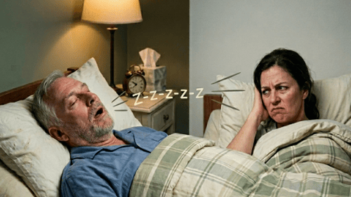 Man snoring loudly in bed while frustrated woman covers her ears unable to sleep