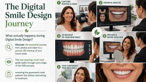 Infographic showing the 5-step Digital Smile Design journey from photo capture to final smile reveal