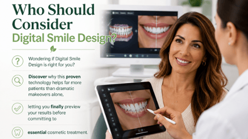 Dentist showing a smiling patient her Digital Smile Design preview on a tablet and monitor