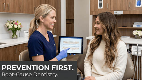 Dental hygienist showing a patient a tooth chart on a tablet during a preventive care consultation
